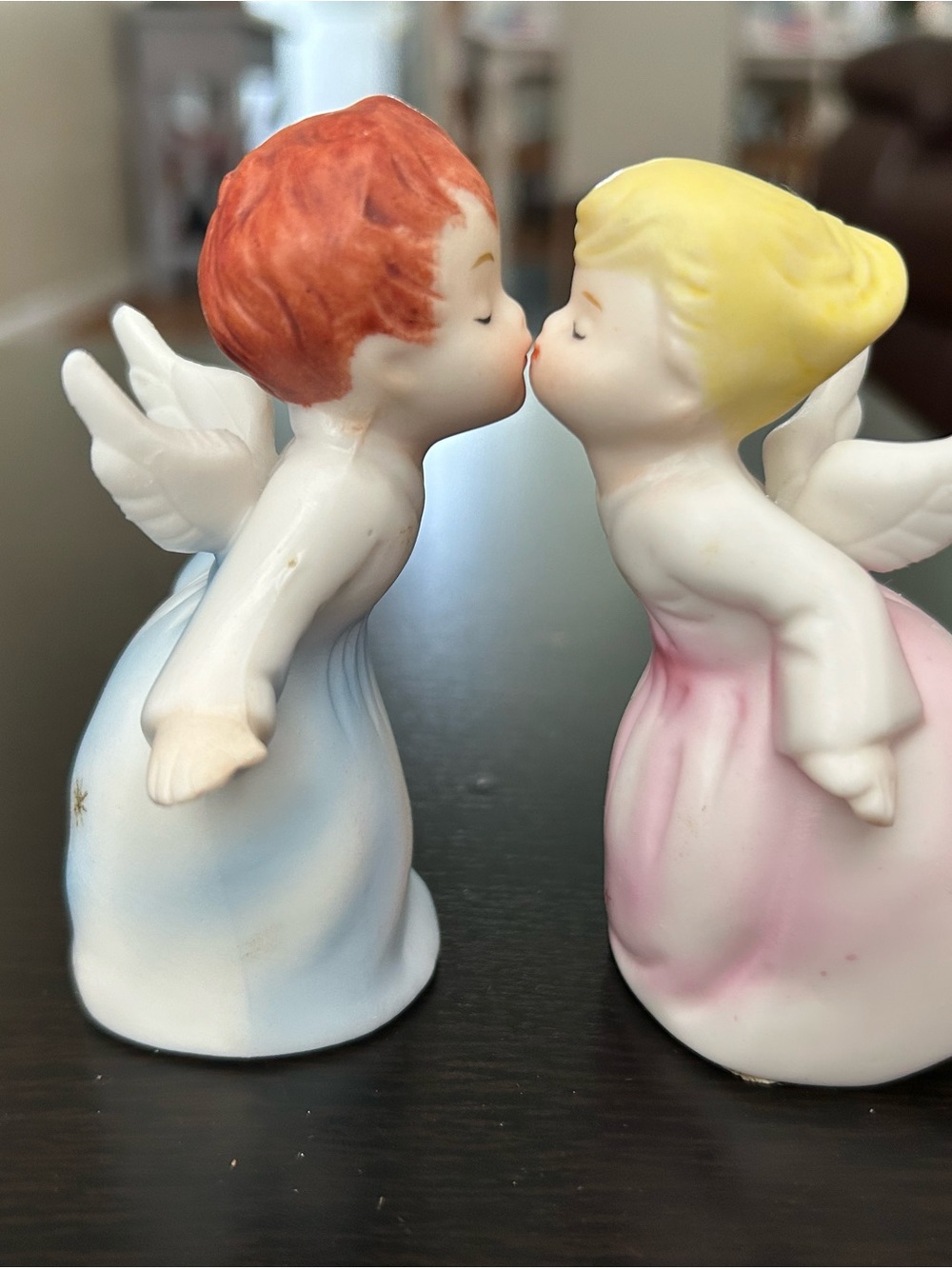 Porcelain Kissing Angel Figurines - Blue & Pink
